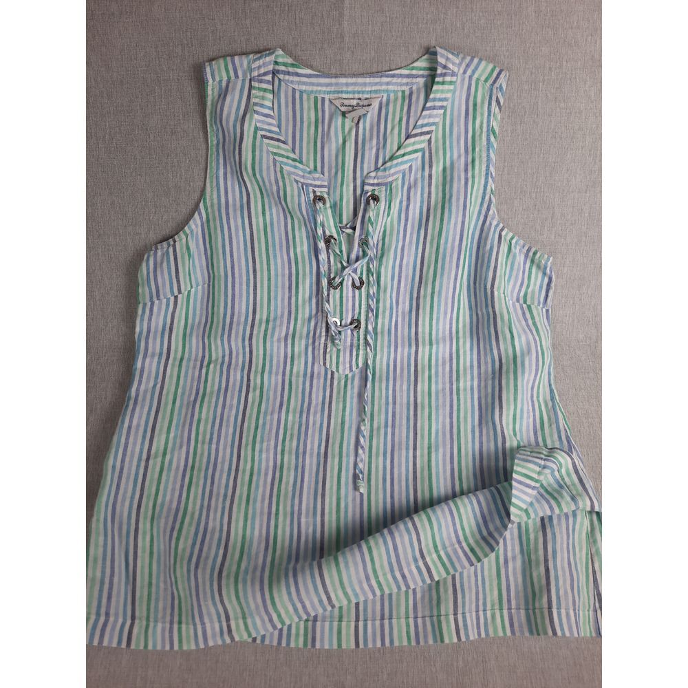 Tommy Bahama Women's Large Stripe Front Drawstring Lightweight Linen Blouse